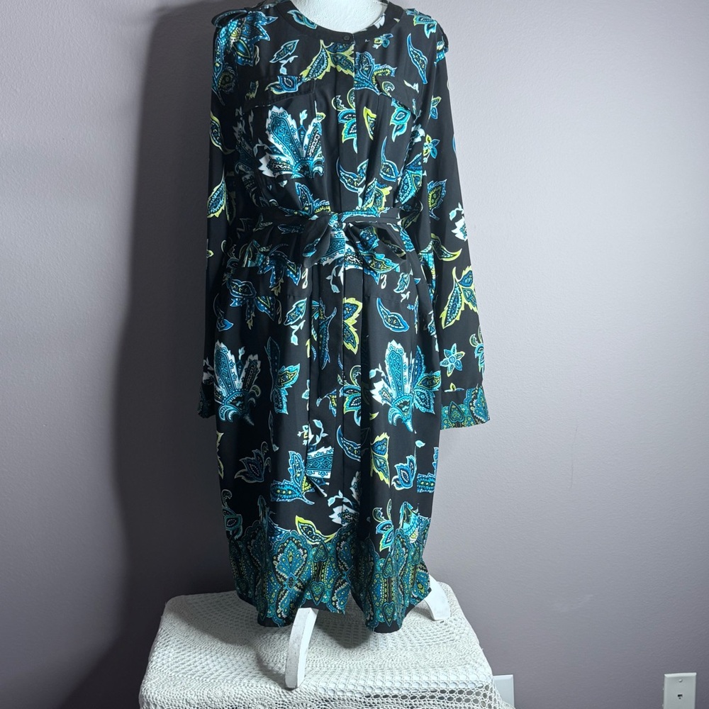 Liz Claiborne Black with Teal and Yellow Paisley Accents Shirt Dress Sz 2X